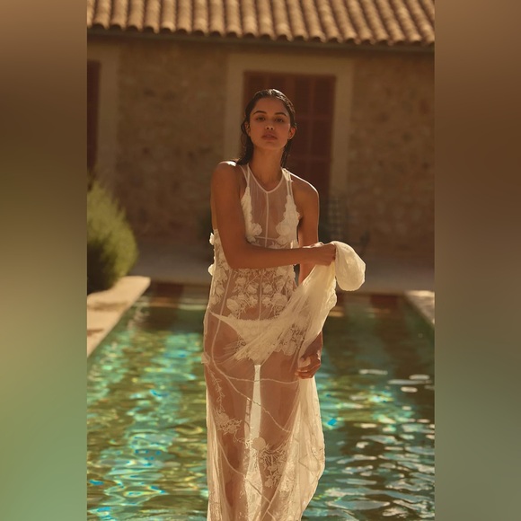 NWT‎ BHLDN Anthropologie Ivory Floral Lace Sheer Maxi Wedding Dress Open Back - Picture 6 of 17